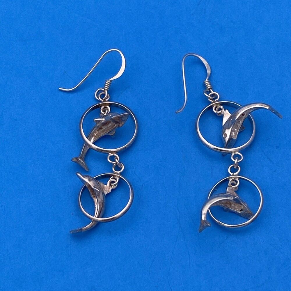 VINTAGE .925 Sterling Silver Dual Floating Dolphin Hoop Earrings, French Wires